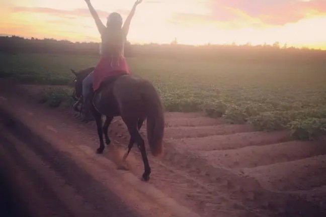 Person riding a horse on a dirt path at sunset, arms raised.