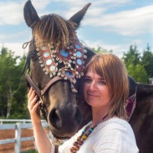 a person petting a horse