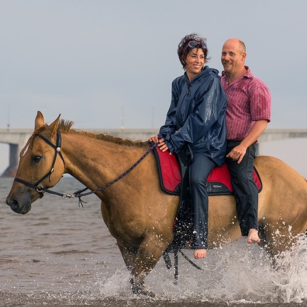 a man riding a horse in a body of water