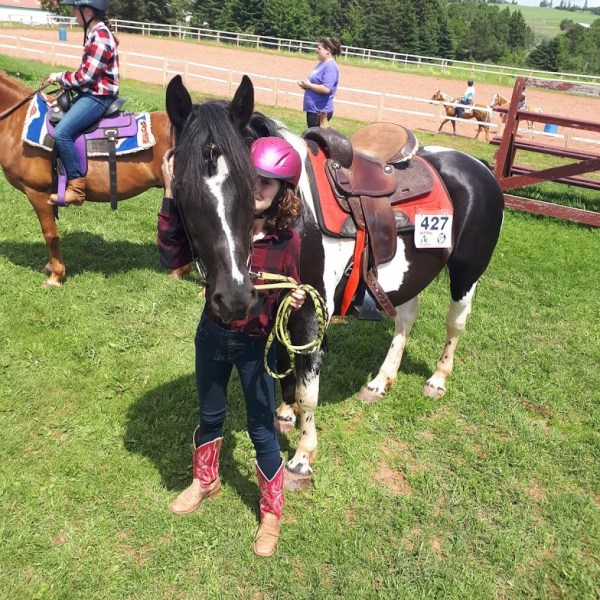 a group of people standing next to a horse in a field