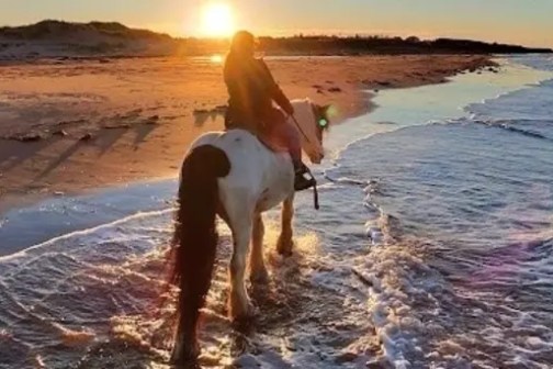 Person riding a horse on a beach at sunset with waves lapping.