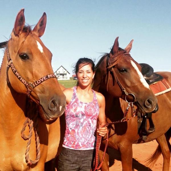 a group of people standing around a brown horse