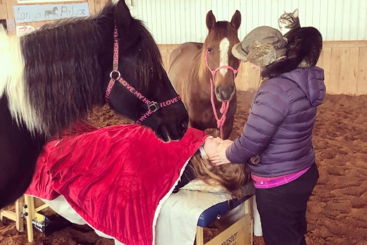 a woman standing in front of a horse