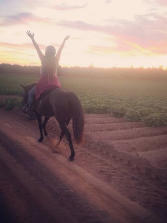 a person riding a horse on a dirt road