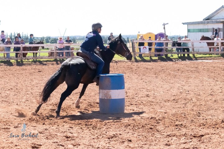 Horseback rider navigating barrel in outdoor arena.