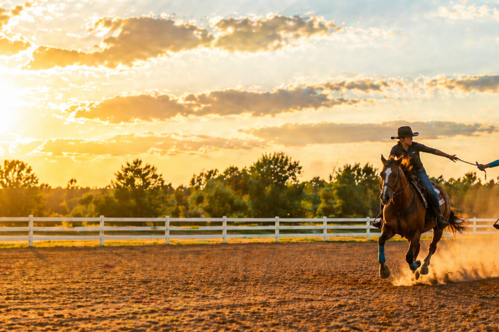 Two people on horses holding hands, riding at sunset on a dirt arena with trees in the background.