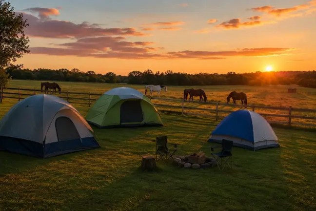 Tents on grass with horses and a sunset in the background.