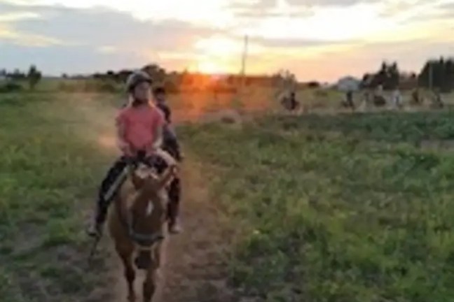 Two people riding horses on a trail at sunset.