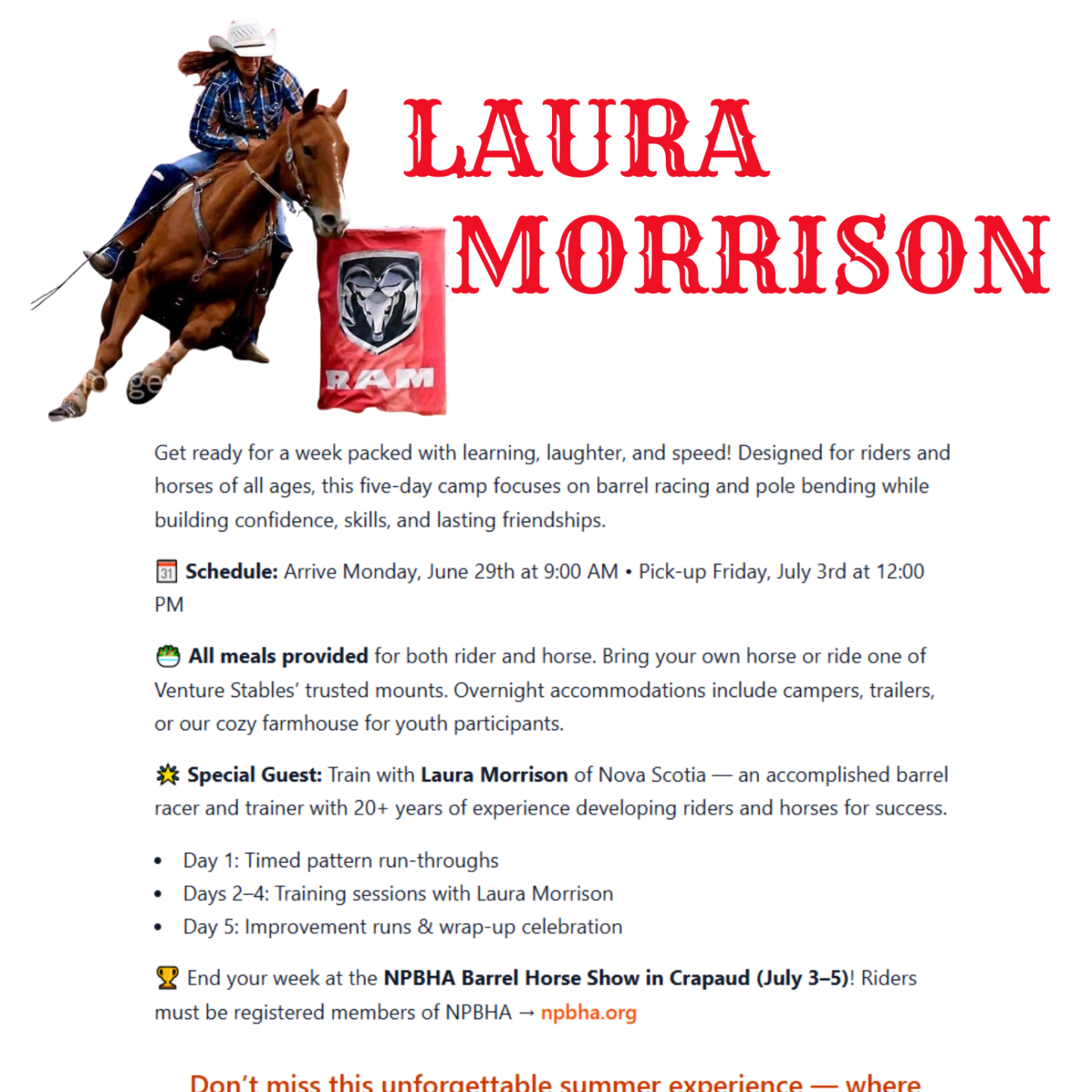 Horse rider in action; text details barrel racing camp with Laura Morrison, June 29 to July 3.