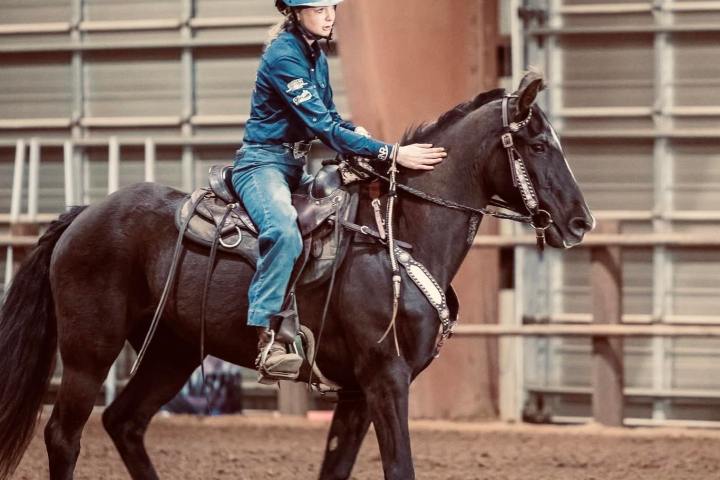 Person riding a black horse indoors, wearing a helmet and blue jacket.