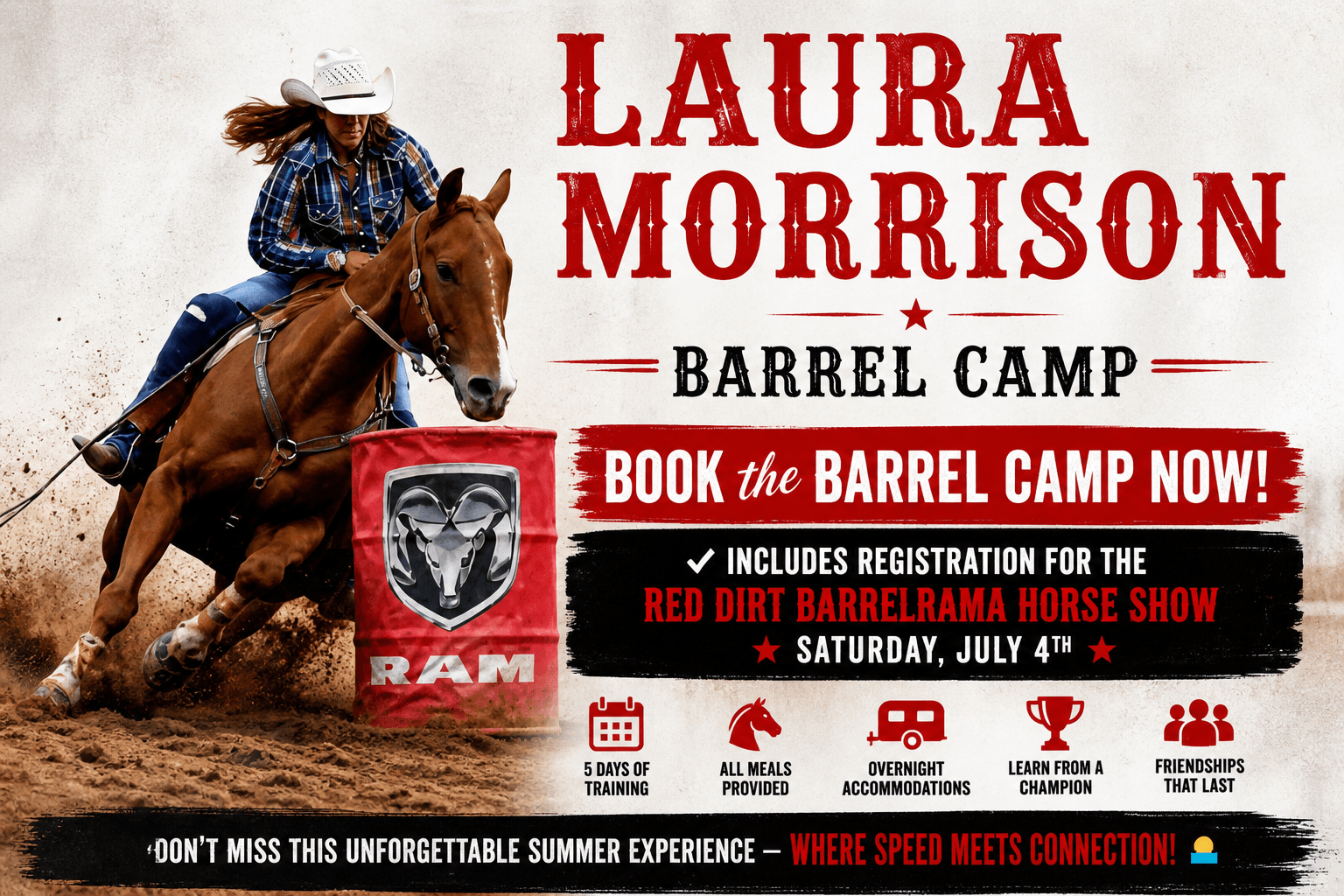 Woman barrel racing on horse, text advertises 'Laura Morrison Barrel Camp' with event details.