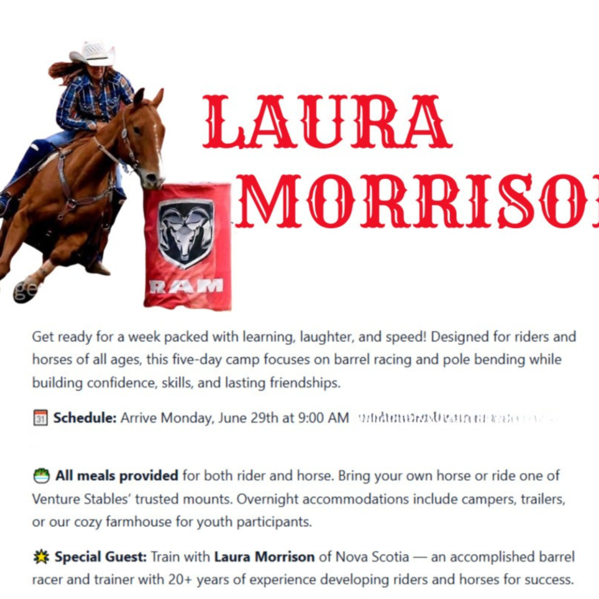Cowgirl on horseback; text promoting Laura Morrison barrel racing camp.