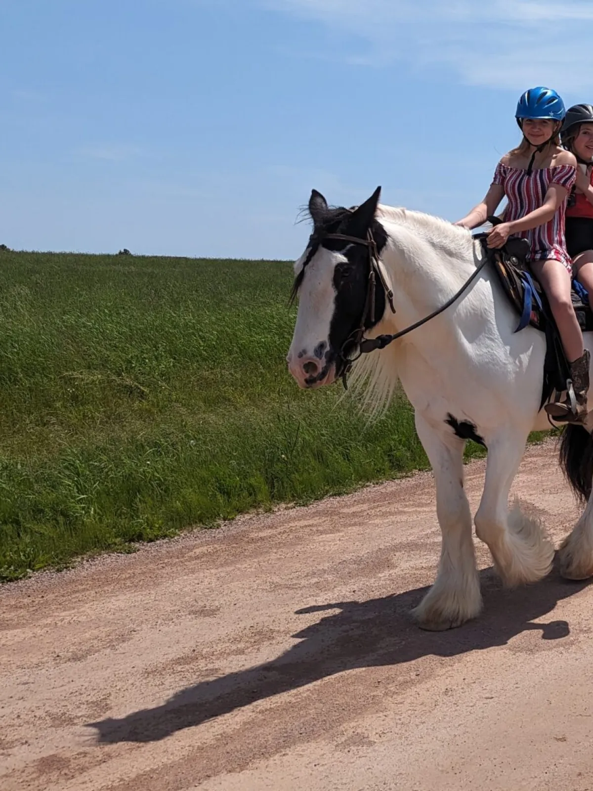 a group of people riding a horse on a dirt road