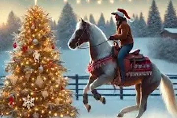 Person in Santa hat rides a horse near a decorated Christmas tree in a snowy landscape.
