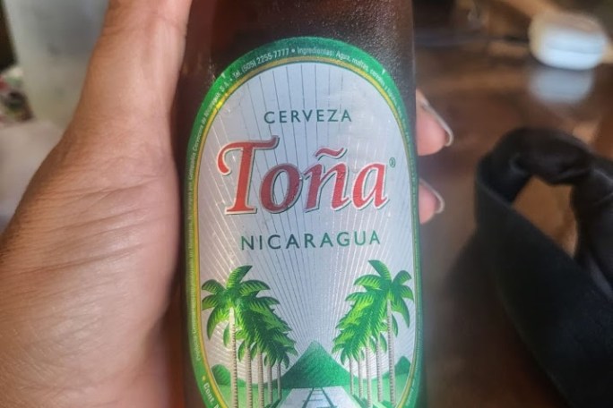 Hand holding a bottle of Tona beer with a palm tree label.