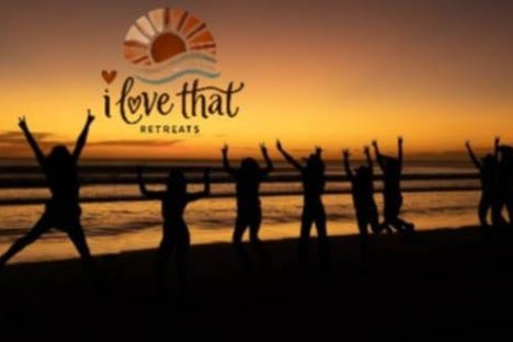 Silhouettes of people jumping on a beach at sunset with 'I love that retreats' logo.