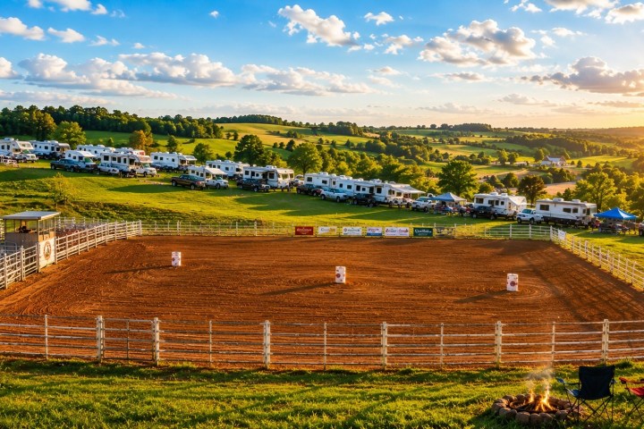 Sunny rodeo arena with Canadian flag, RVs, and campfire chairs.