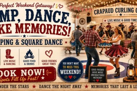 Poster with camping, square dancing, and booking information at Crapaud Curling Club.